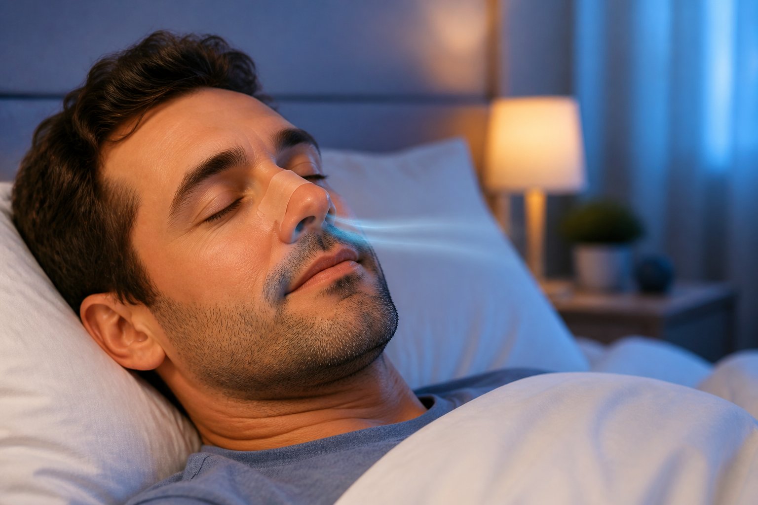 A relaxed person wearing a nasal strip across the bridge of their nose while resting in bed.