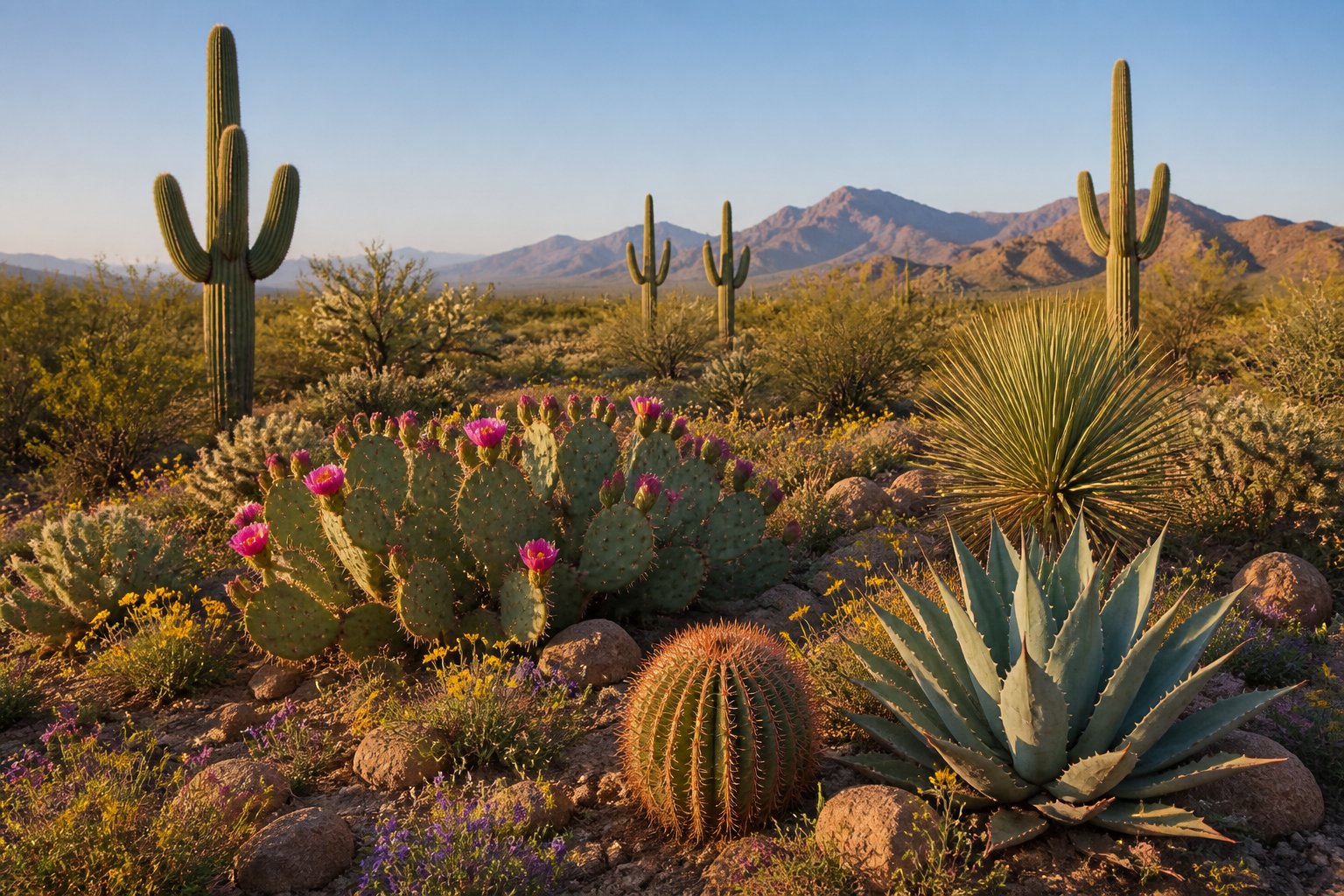 A variety of desert plants growing across a sunlit, rocky landscape with mountains in the background.