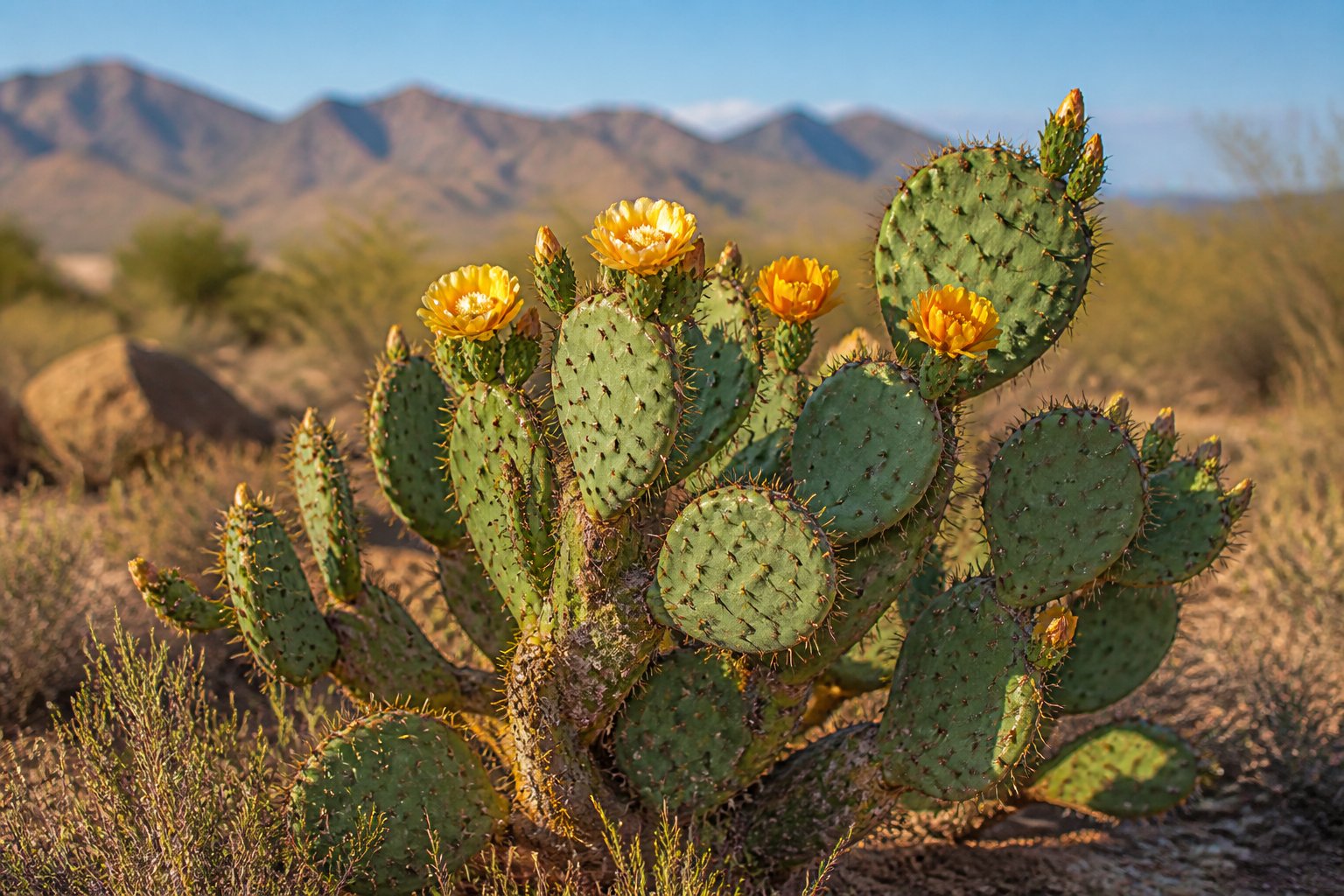 A flowering prickly pear cactus growing in a sandy desert landscape.