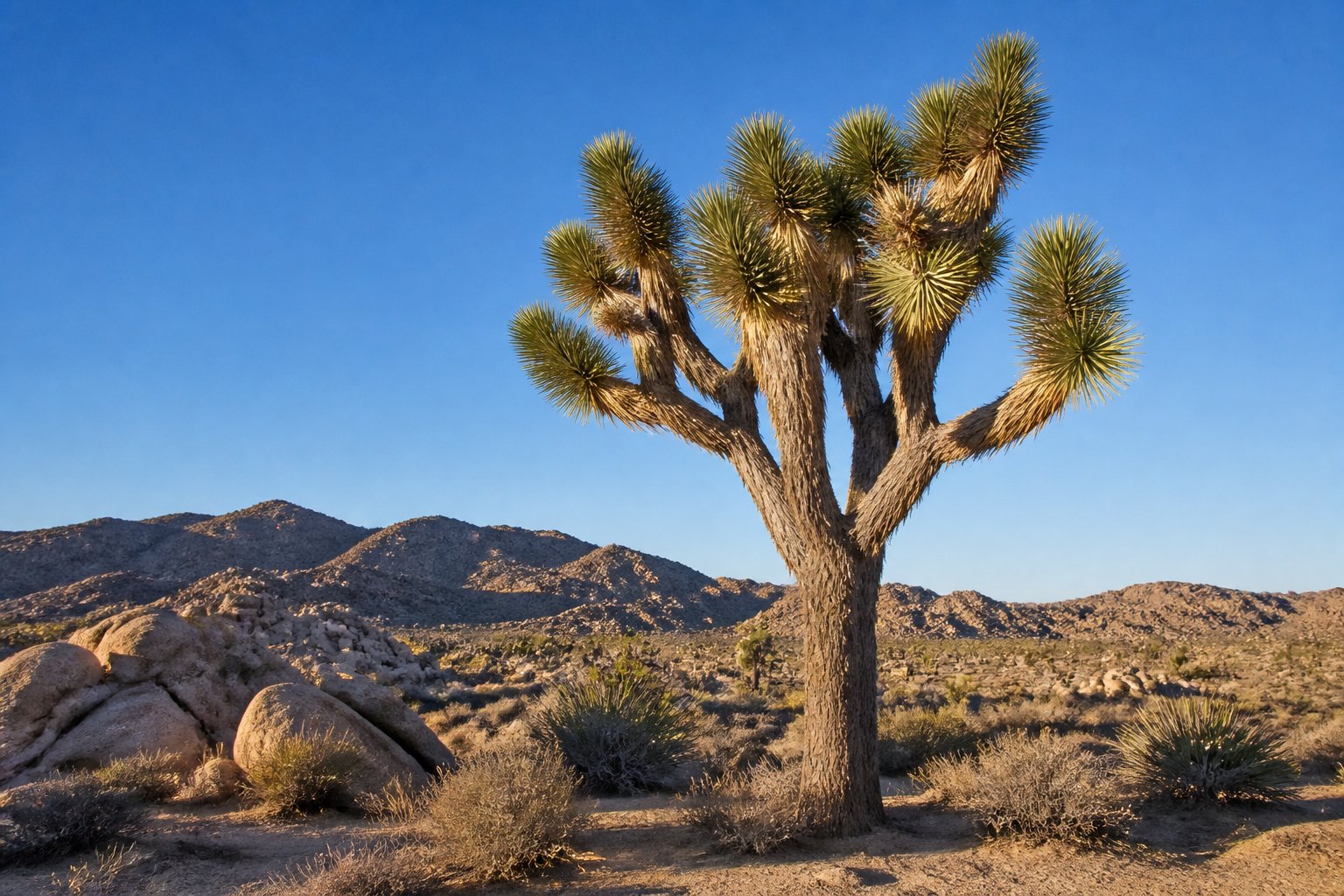 A Joshua tree stands among rocks and desert shrubs beneath a clear blue sky.