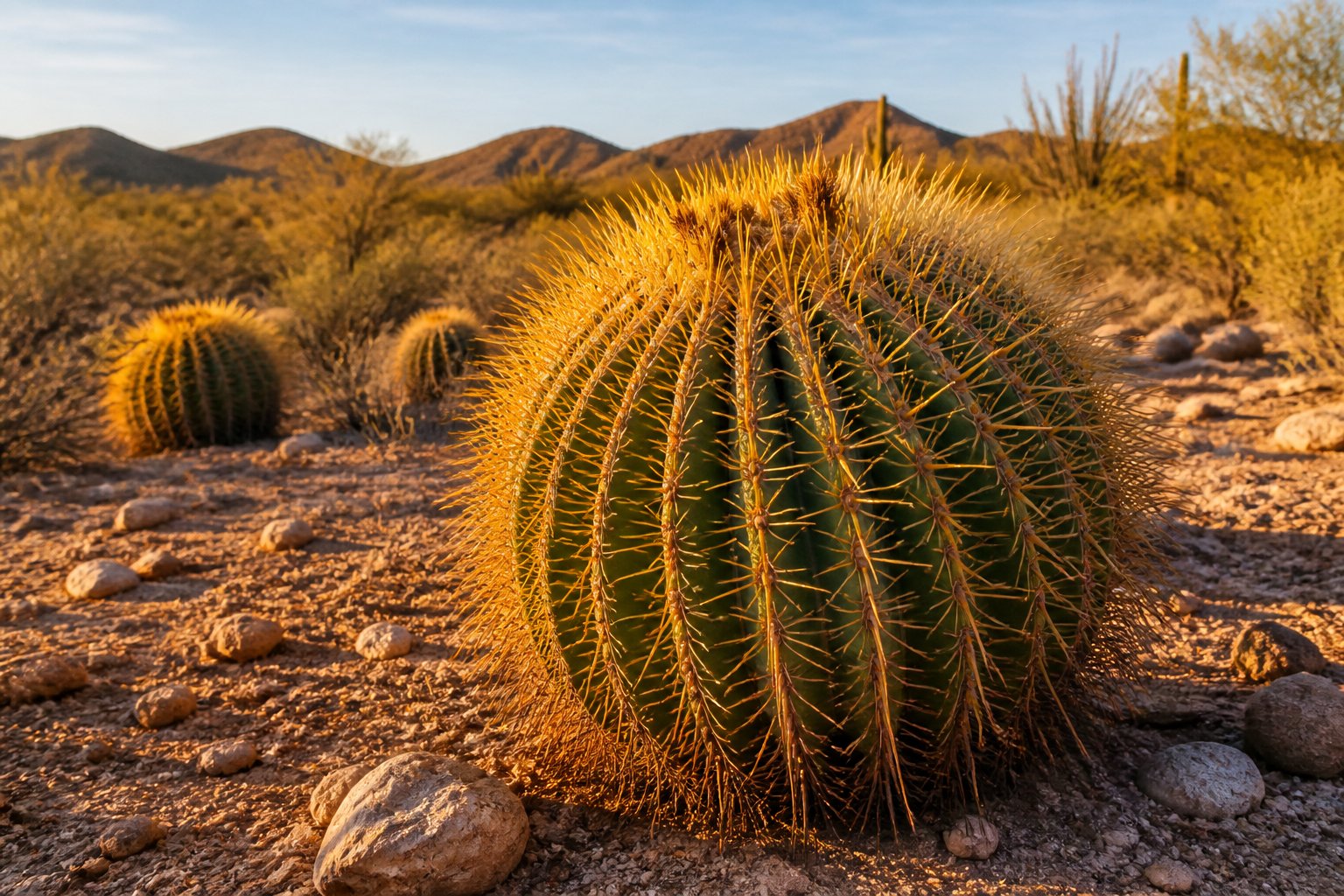 A barrel cactus with golden spines growing in a rocky desert landscape.