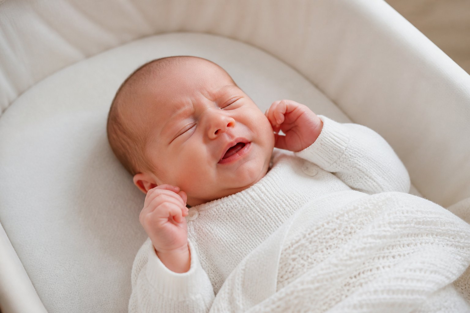 A newborn baby sleeps on their back in a bassinet while making a crying expression.