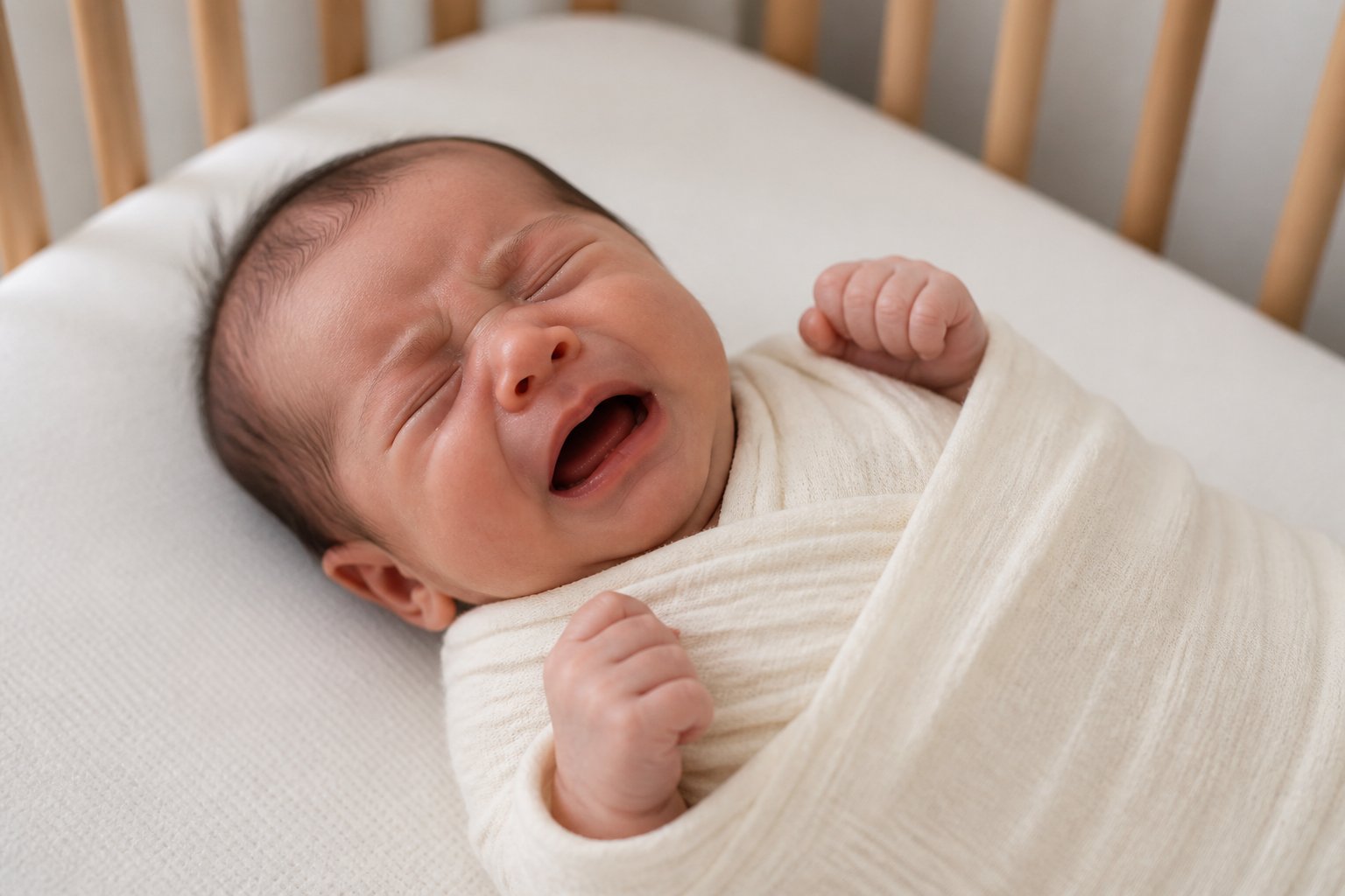 A sleeping newborn lies on their back in a bassinet with a slightly furrowed brow and open mouth as if crying.
