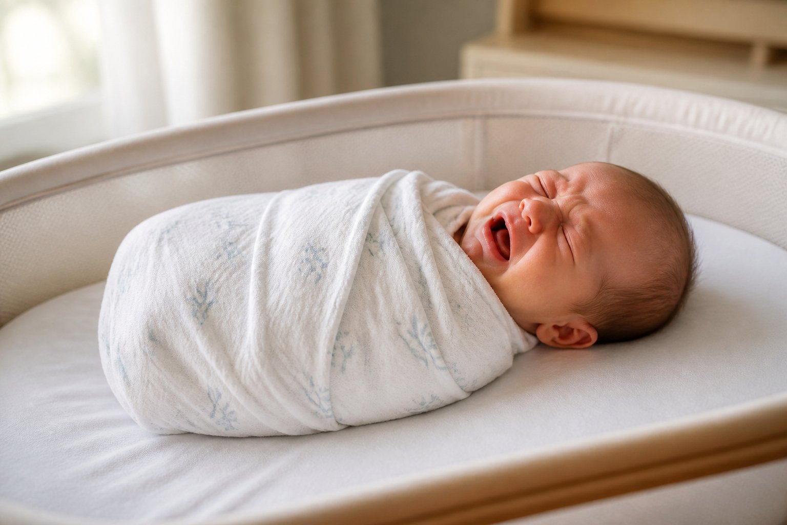 Sleeping newborn crying softly in a bassinet.