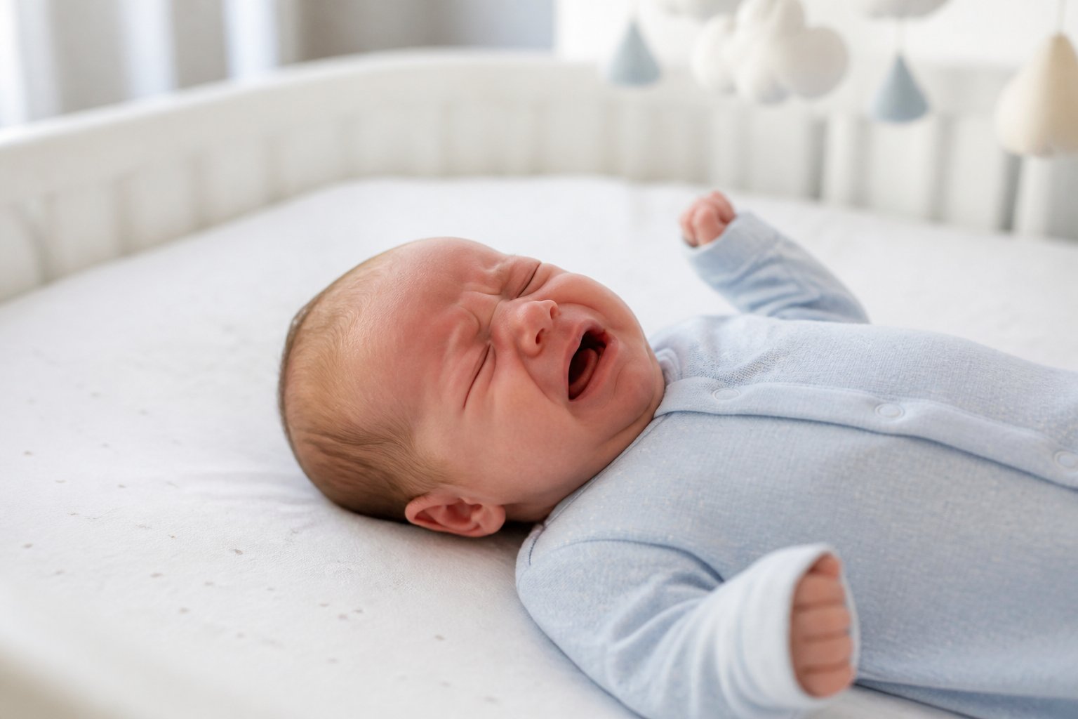 A newborn cries while sleeping on their back in a safe bassinet.