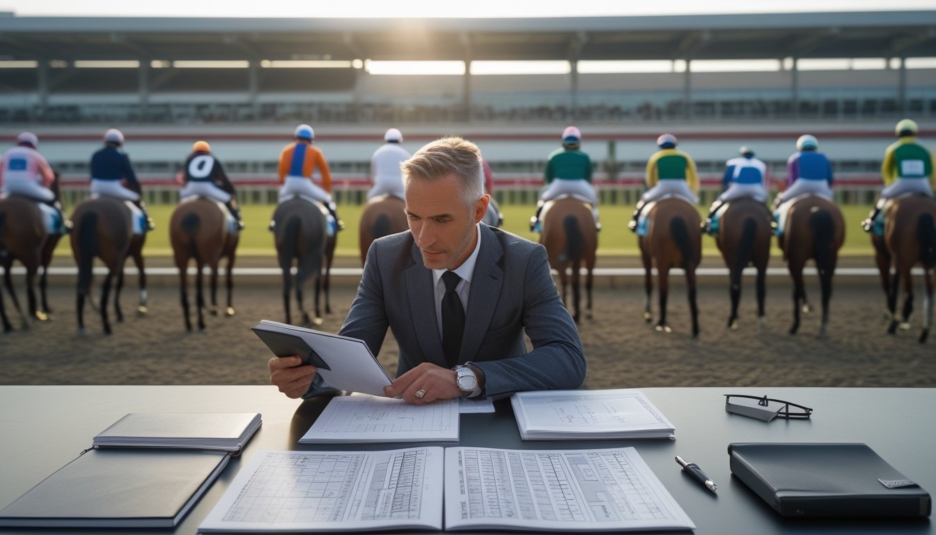 Seorang bettor profesional mengamati kuda balap dan persiapan perlombaan di lintasan.