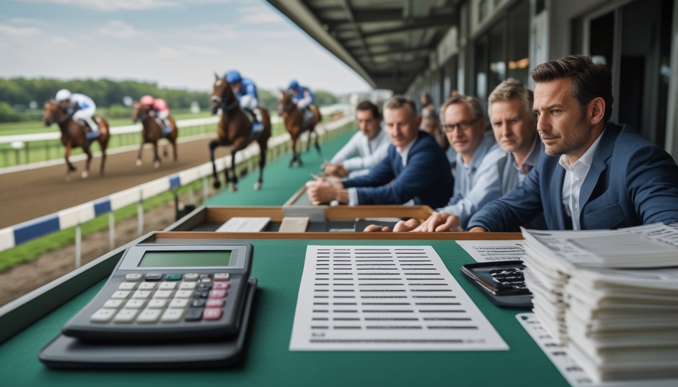 Suasana arena balap kuda dengan bettor dan analis mengamati perlombaan serta slip taruhan tanpa tulisan.