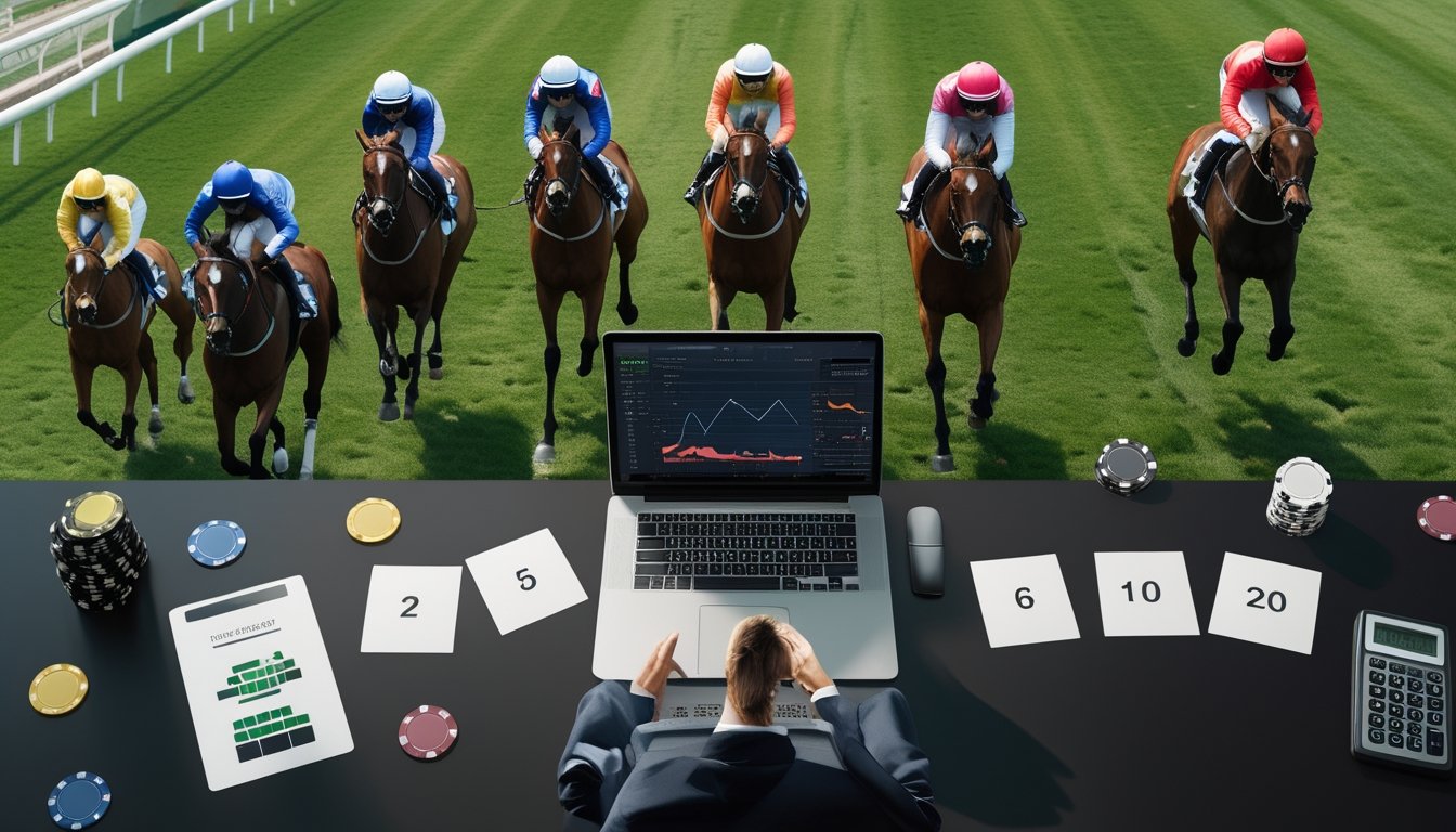 Seorang analis mempelajari data peluang taruhan saat beberapa kuda berlomba di lintasan.