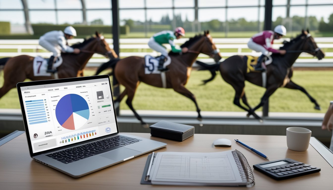 Tabel analisis dengan laptop berisi grafik probabilitas abstrak dan pacuan kuda terlihat di latar belakang.