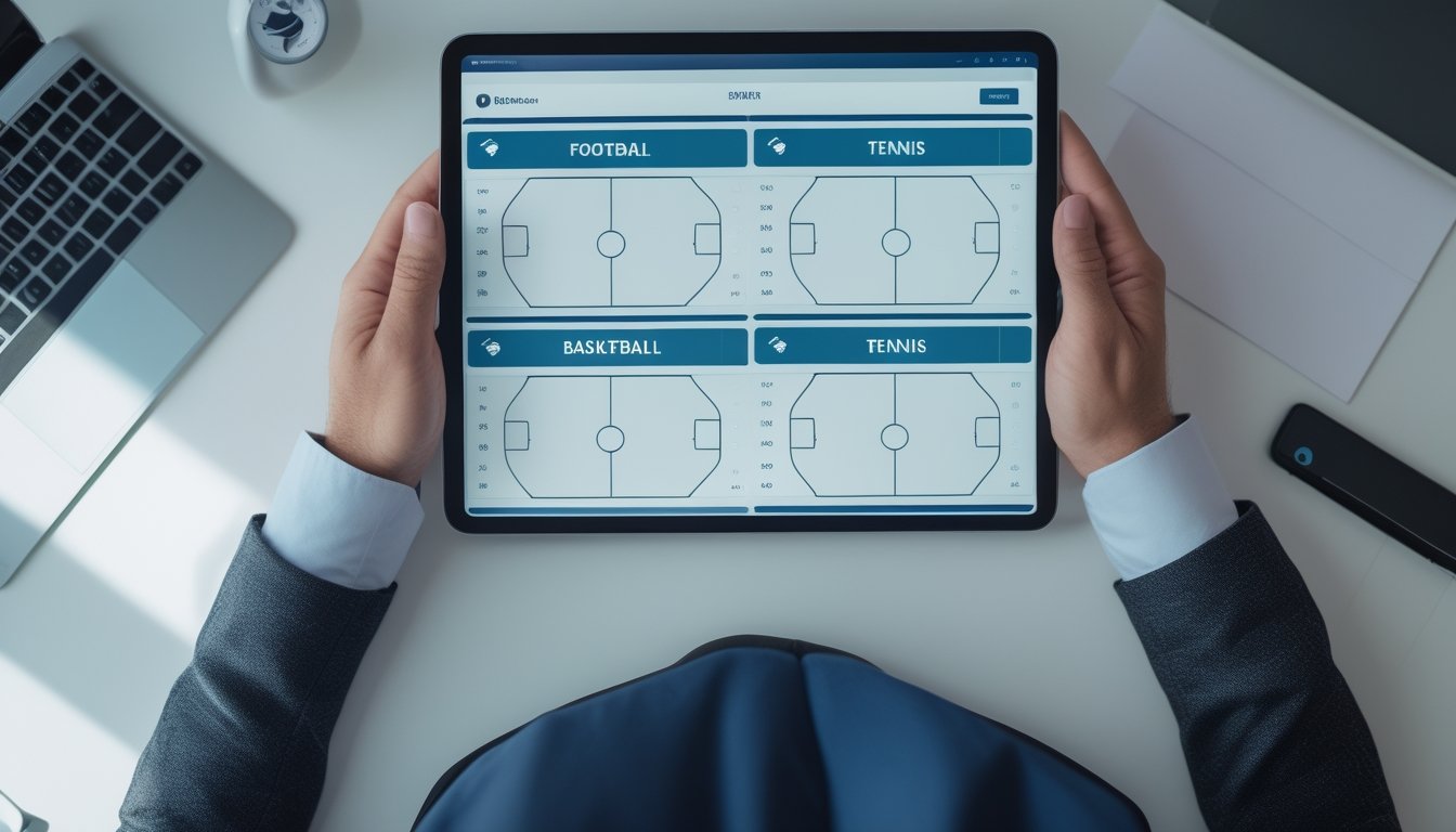 Orang dewasa melihat perangkat digital dengan tampilan abstrak tentang sepak bola, keranjang, dan tenis.
