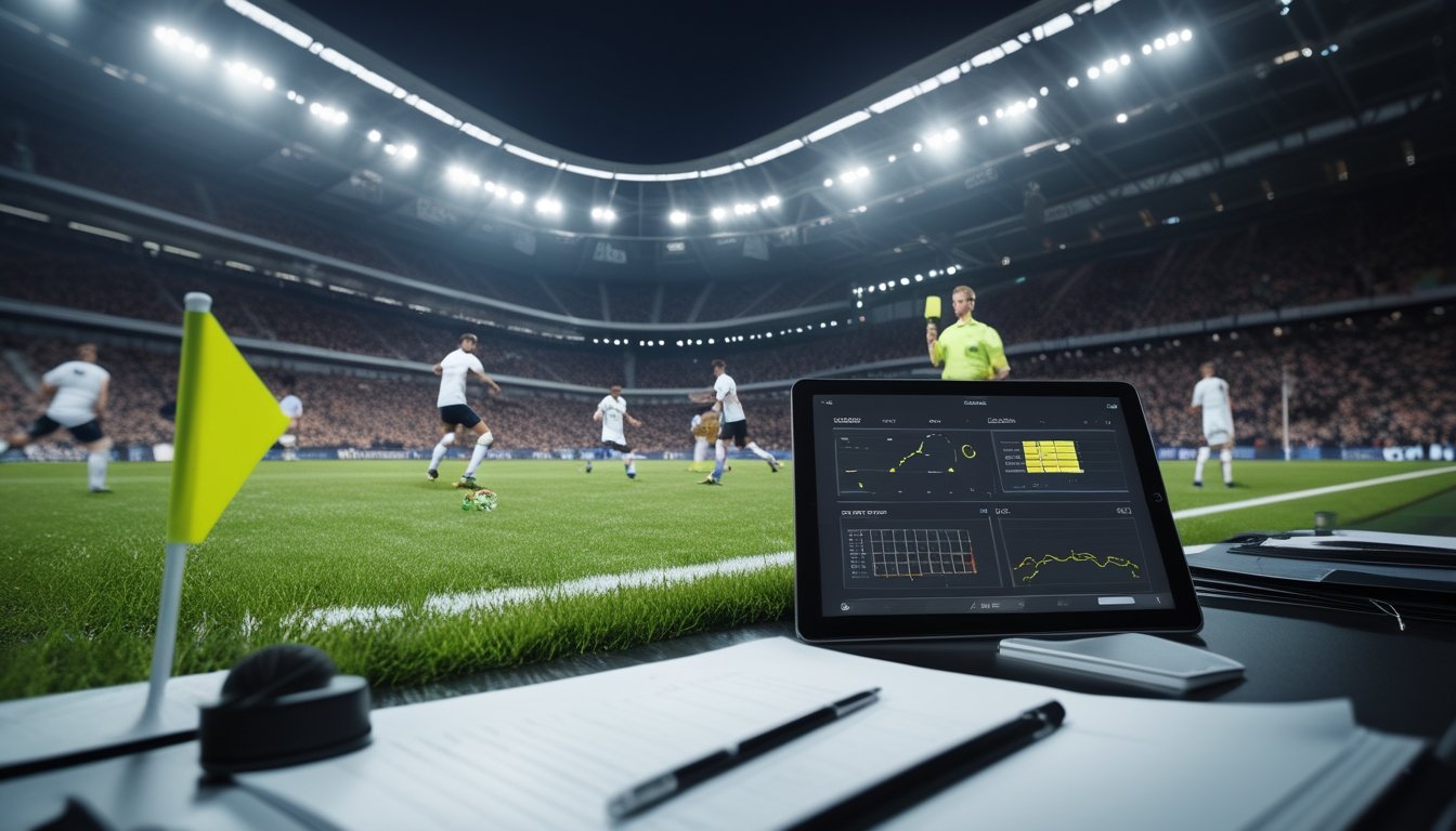 Pertandingan sepak bola dengan pemain di dekat sudut lapangan, memegang kartu kuning, dan meja analisis di latar depan.