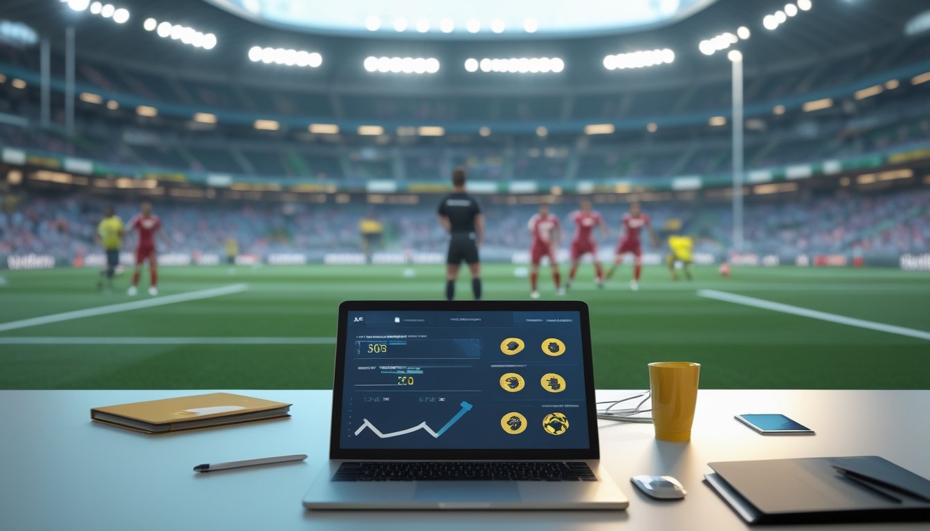 Analisis meja di stadion sepak bola dengan laptop statistik, pemain di dekat sudut lapangan, dan wasit memegang kartu kuning.