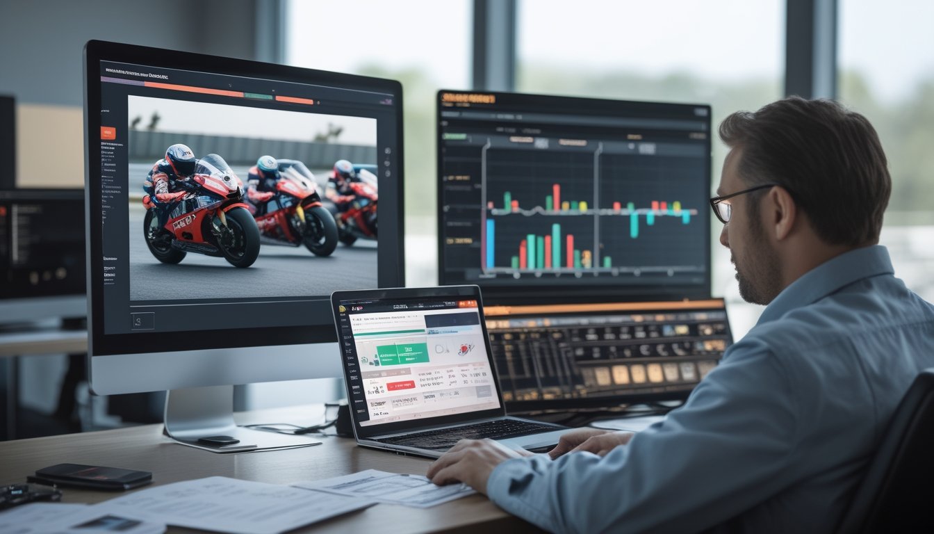 Analis sedang meninjau data balap MotoGP dan Formula 1 di ruang kerja modern.