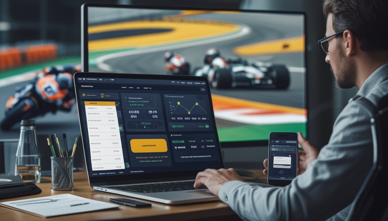 Analis olahraga mengulas data balap motor dan mobil di laptop dan ponsel dalam ruang kerja modern.