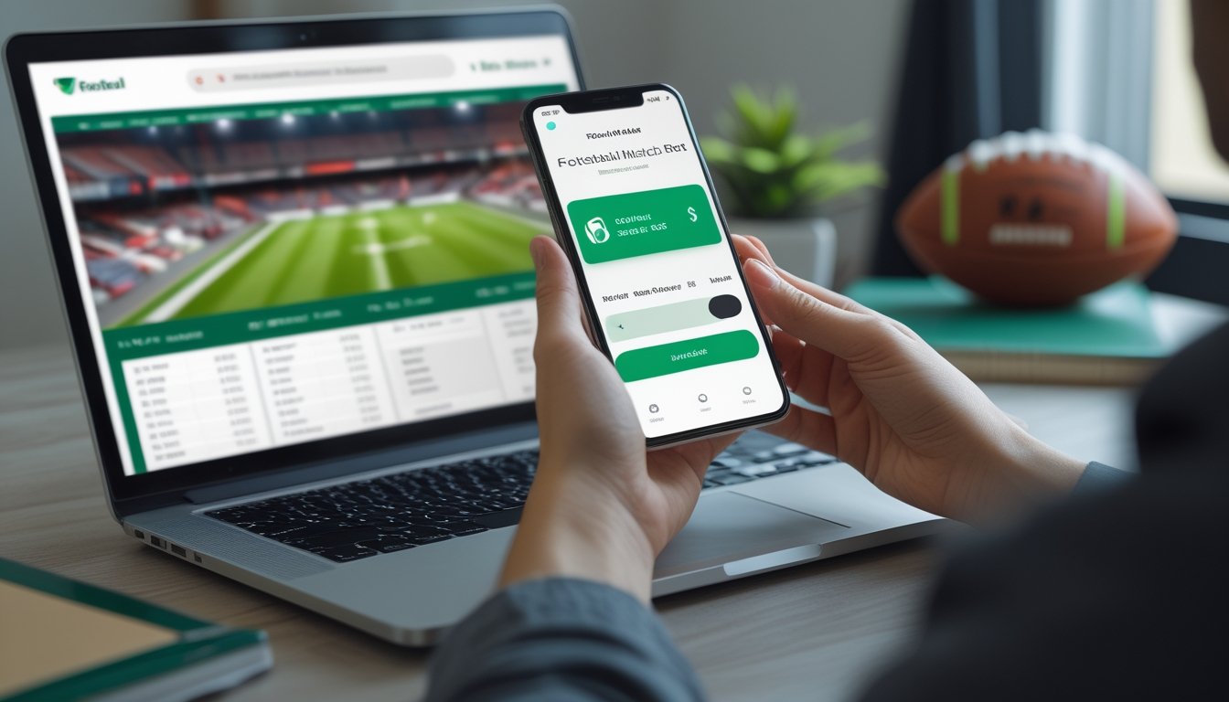 Seseorang menggunakan ponsel dan laptop untuk melakukan taruhan sepak bola secara berani dengan dompet digital.