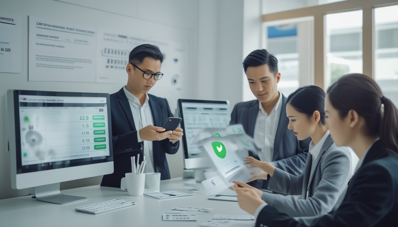 Tim profesional memeriksa transaksi pembayaran digital di kantor modern.