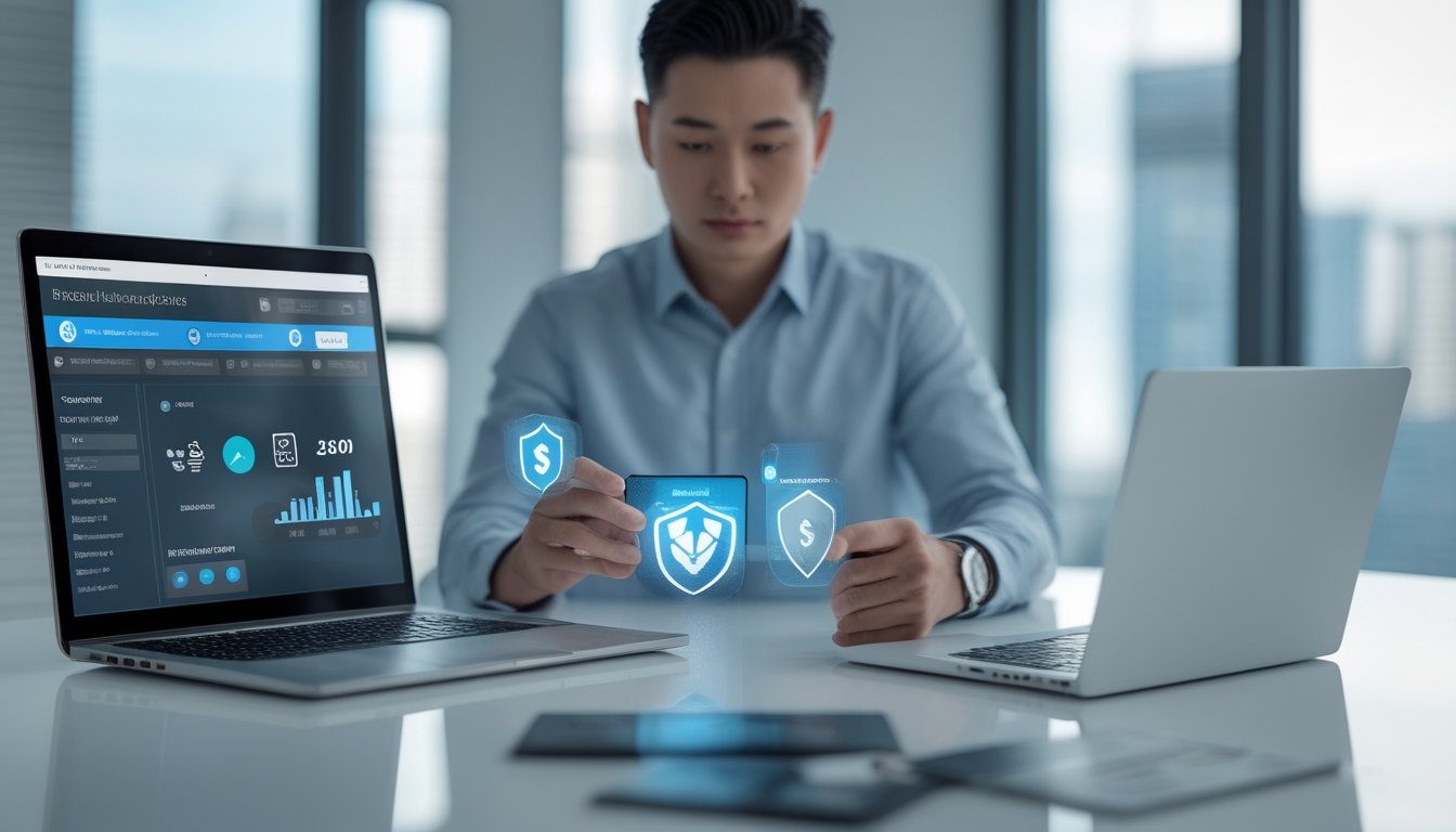 Seseorang memeriksa transaksi dompet digital yang aman di ponsel pada meja kerja modern.
