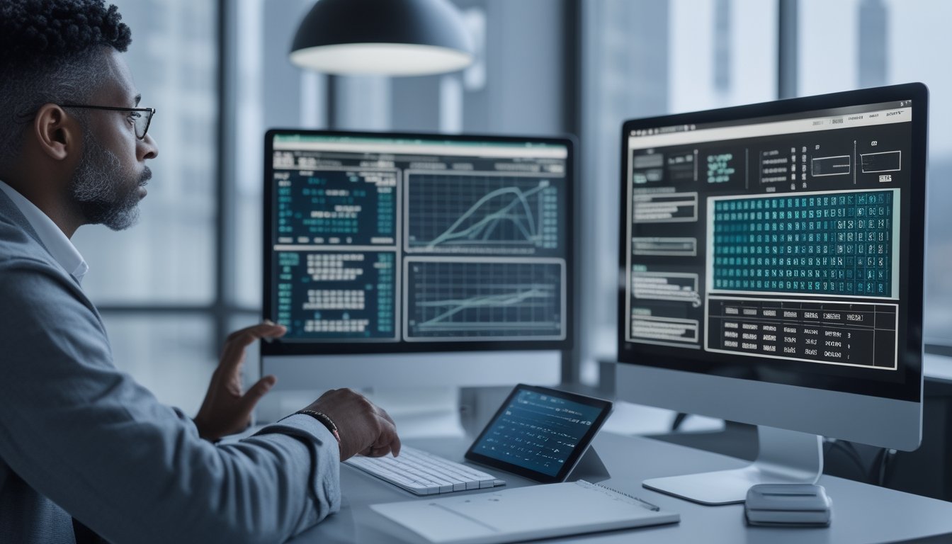 Analis dewasa memeriksa grafik probabilitas dan data angka di meja kerja modern.