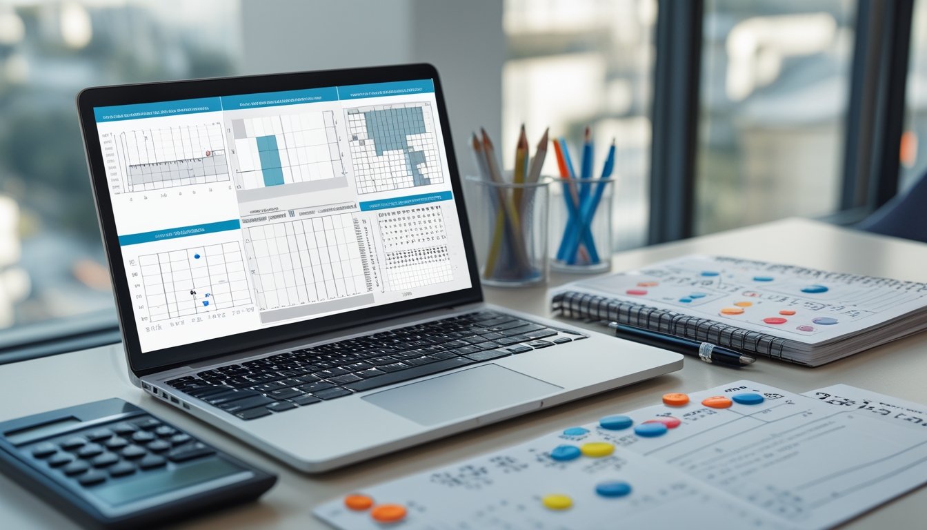 Meja kerja dengan laptop berisi grafik peluang, kalkulator, catatan analisis, dan tiket lotre tanpa tulisan yang terbaca.