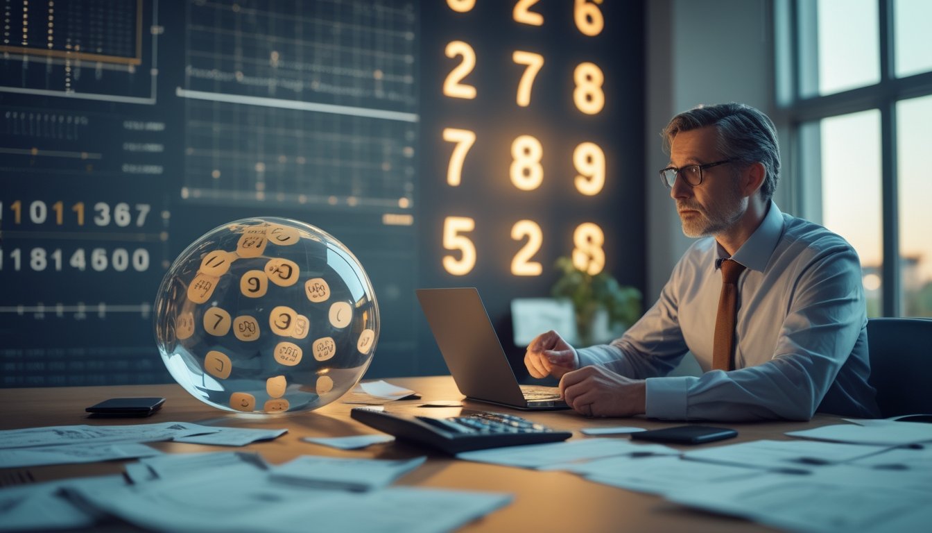 Seorang analis mengamati pola angka acak dan grafik probabilitas di ruang kerja modern.
