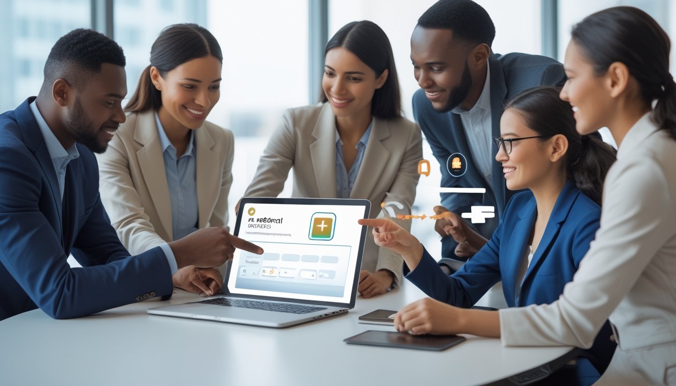 Sekelompok orang membahas program referral dan bonus menggunakan laptop serta ponsel di kantor.