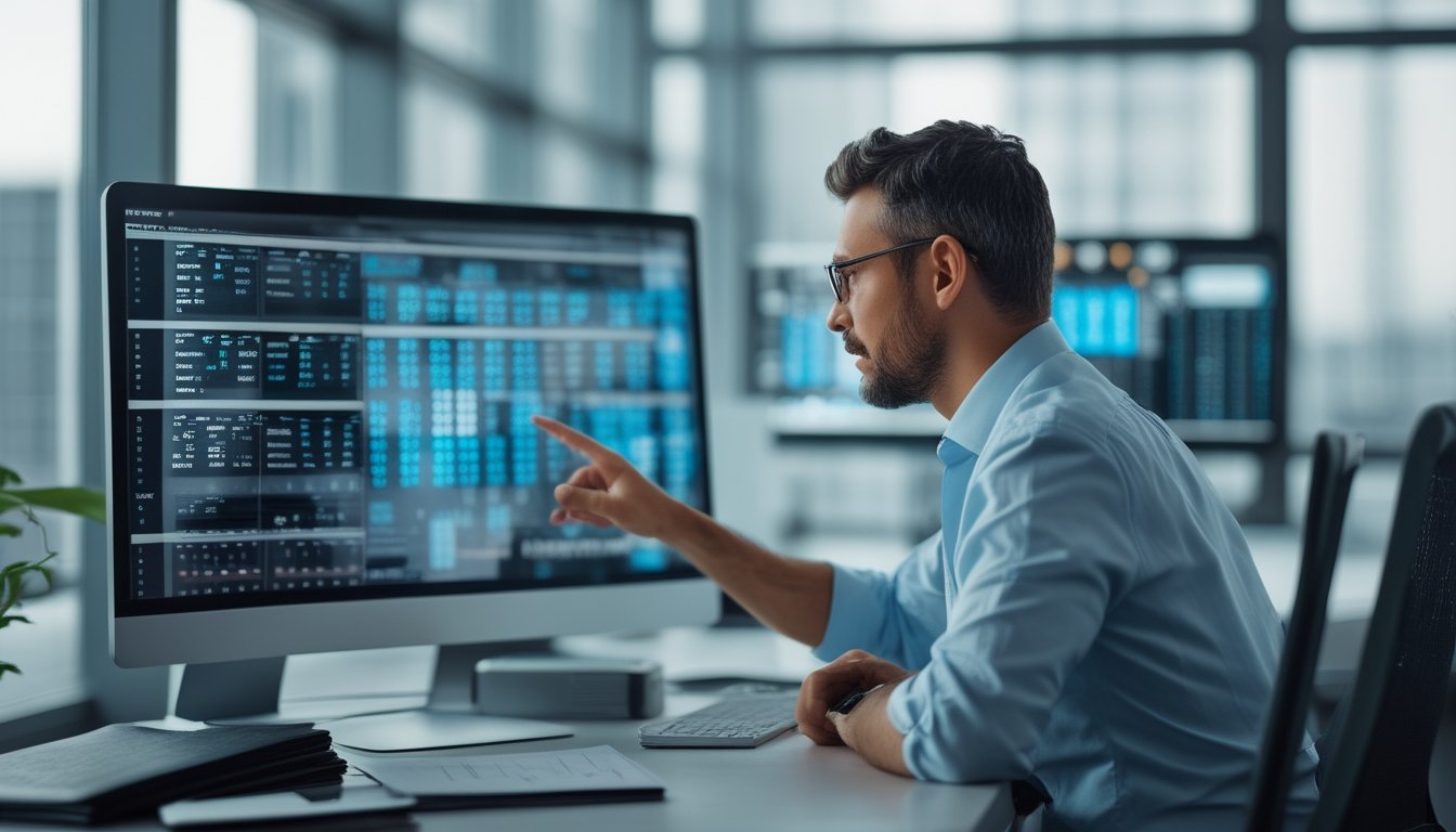 Analis dewasa memeriksa grafik probabilitas dan pola angka pada layar komputer di ruang kerja modern.