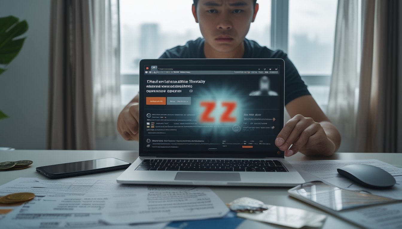Seorang pemain pemula memeriksa situs perjudian mencurigakan di laptop dengan simbol peringatan dan perlengkapan keamanan di meja.