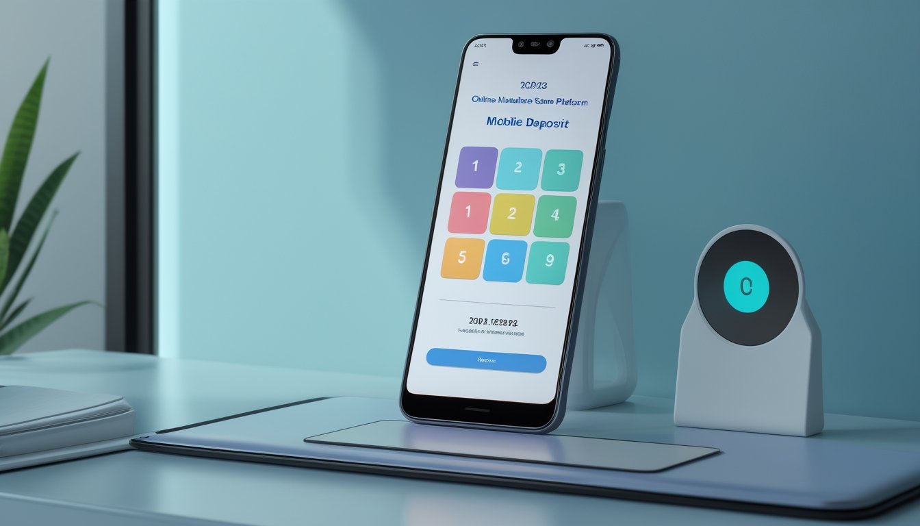 Ponsel menampilkan antarmuka angka abstrak dengan simbol pembayaran digital di meja modern.