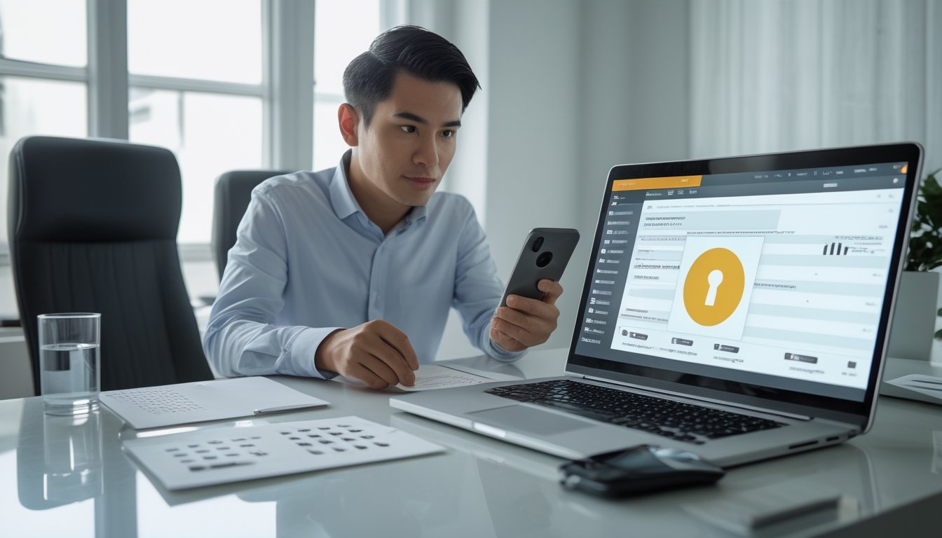 Seseorang membandingkan beberapa pilihan layanan secara cermat di meja kerja dengan laptop, ponsel, daftar periksa, dan komputer.