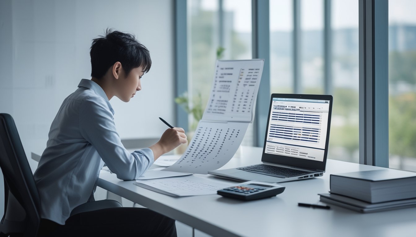 Seseorang menganalisis pola angka dan grafik probabilitas di meja kerja dengan laptop, komputer, dan catatan perencanaan.