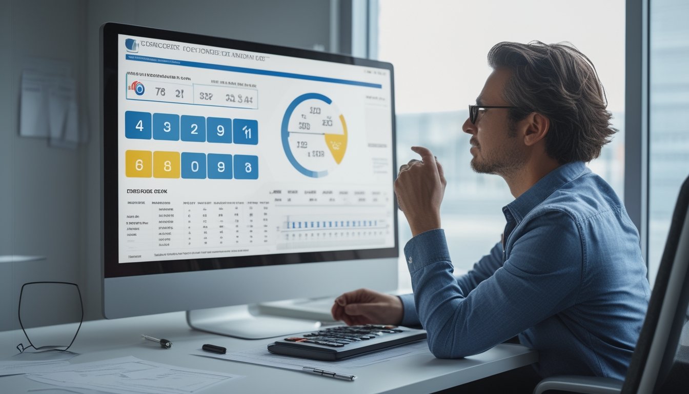 Seorang analis mempelajari probabilitas grafik dan pola angka abstrak di meja kerja modern.