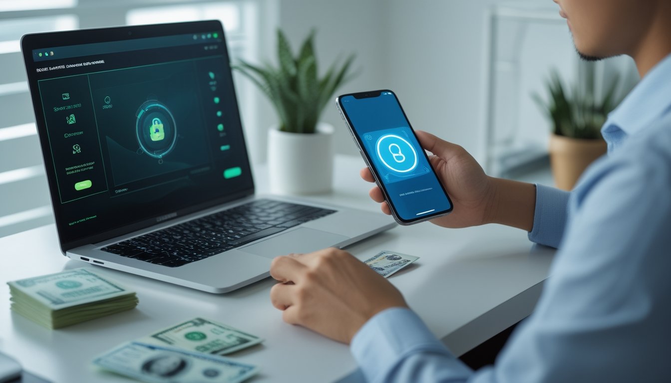 Seseorang menggunakan ponsel dan laptop di meja kerja dengan simbol pembayaran aman serta uang rupiah.