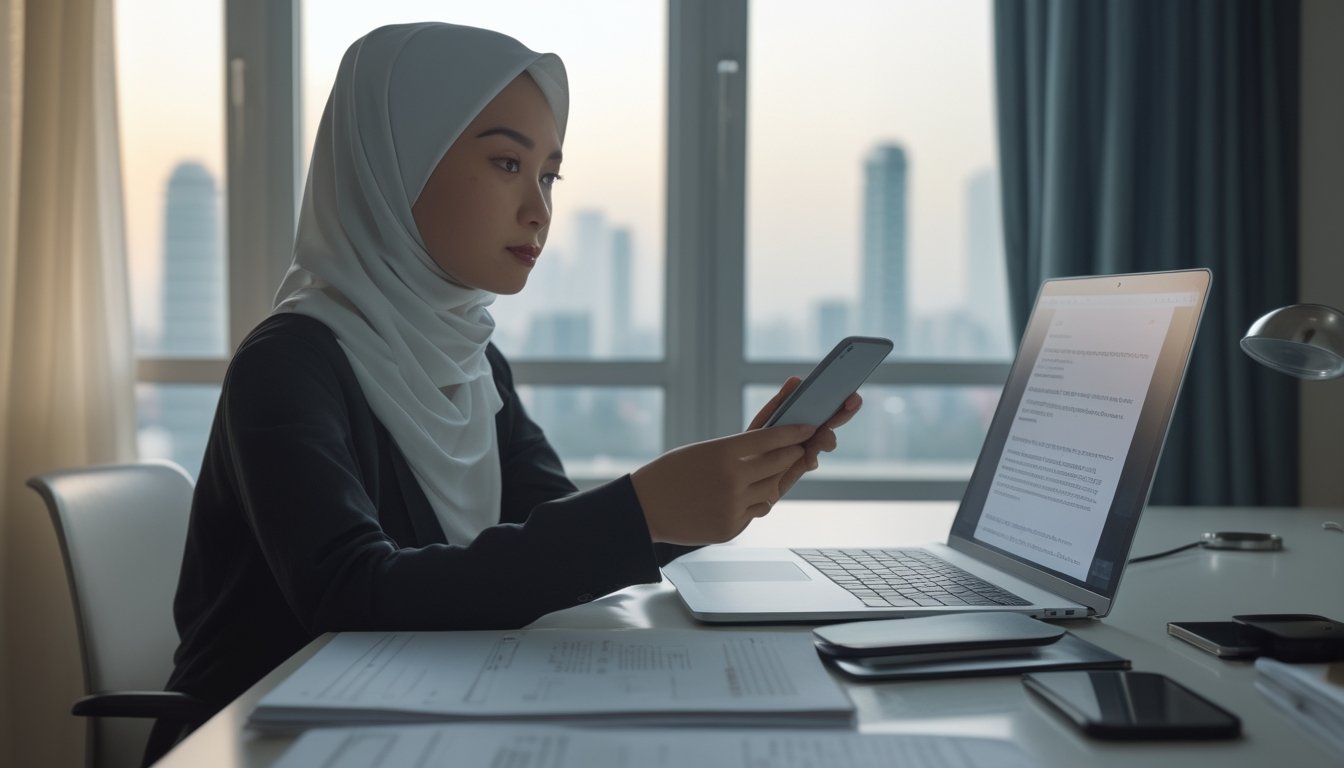 Orang dewasa Indonesia memeriksa informasi digital tentang legalitas dan keamanan perjudian daring di meja kerja.