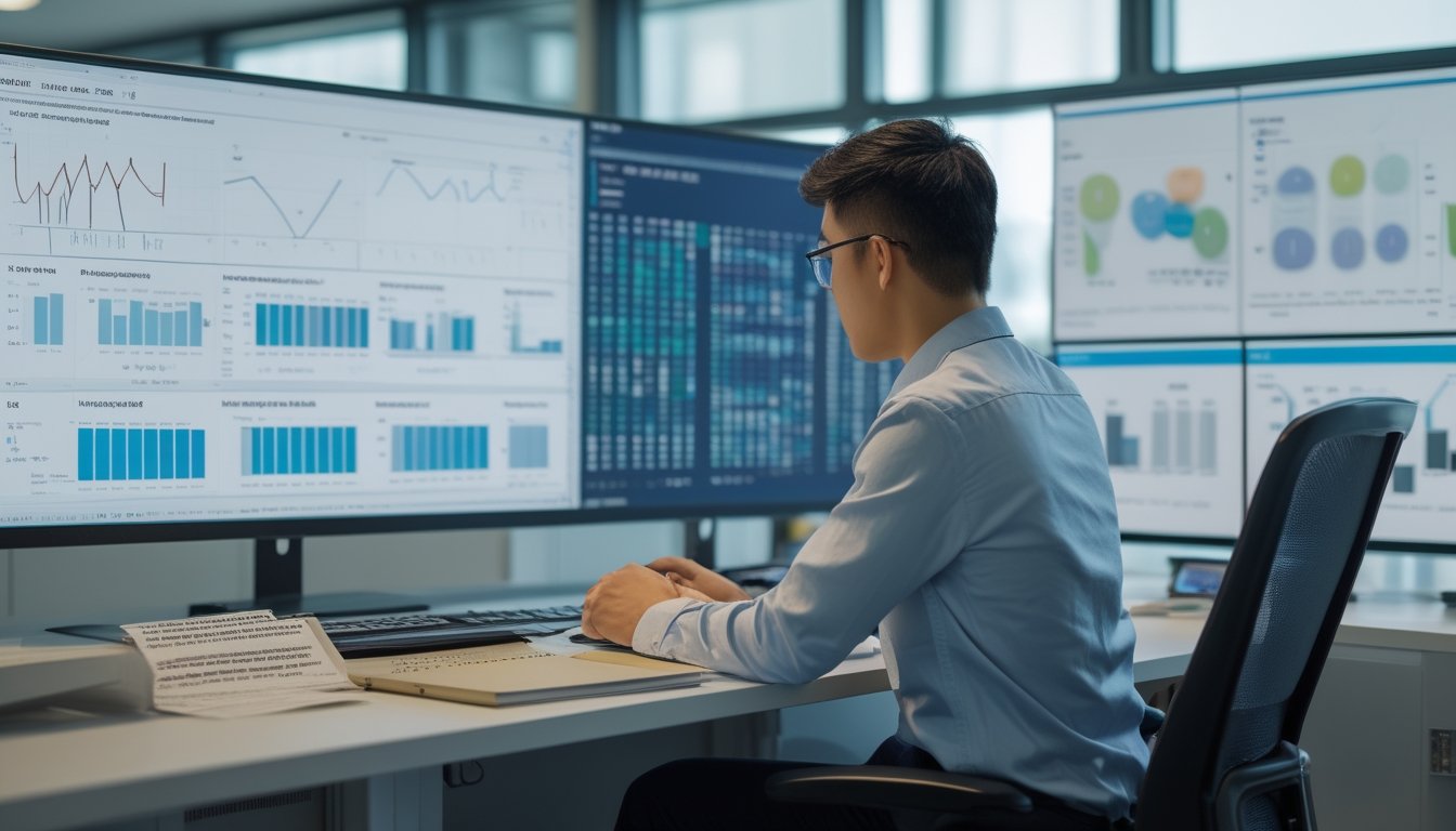 Analis data memeriksa grafik dan pola angka abstrak di monitor dalam ruang kerja modern.
