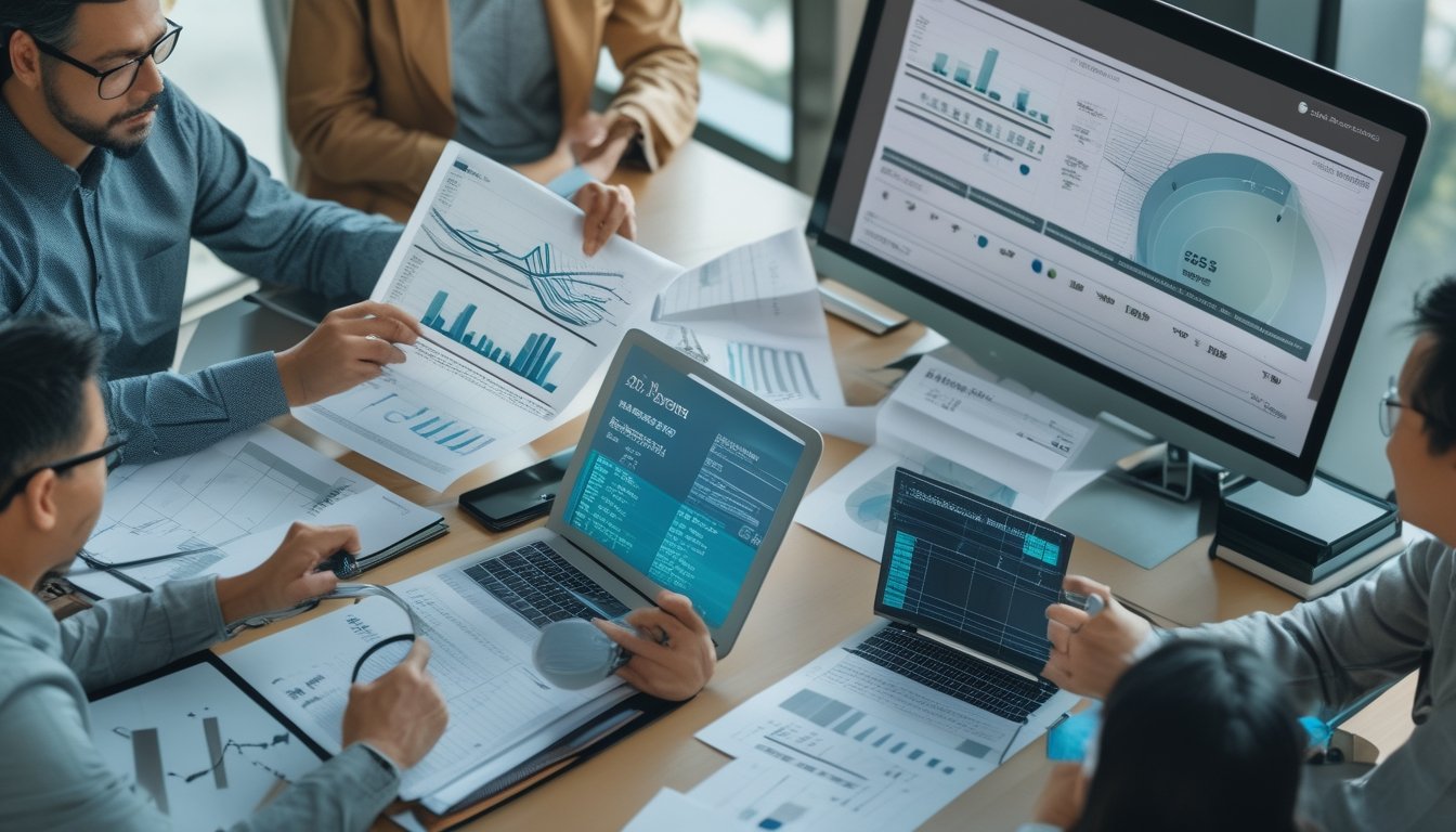 Tim peneliti menganalisis data grafik dan tabel di ruang kerja modern dengan simbol keterbatasan data.