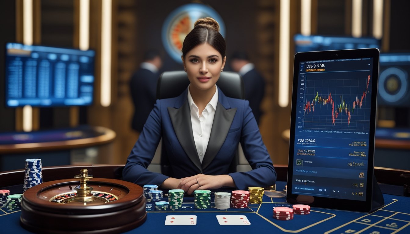 Dealer perempuan mengemudikan permainan roulette di studio kasino dengan chip, roda roulette, kartu, dan tablet berisi grafik abstrak.