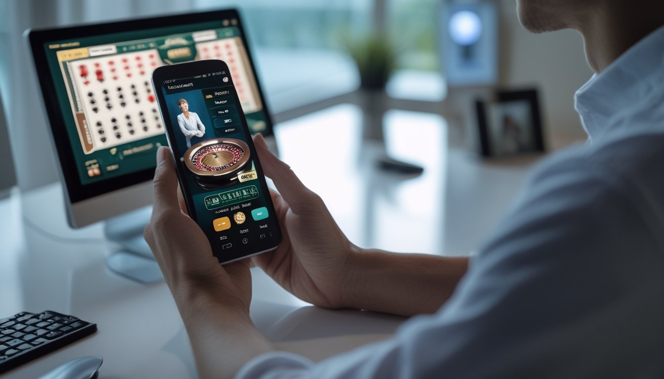 Seorang pemain menggunakan ponsel Android untuk melihat permainan kasino langsung di meja yang rapi.