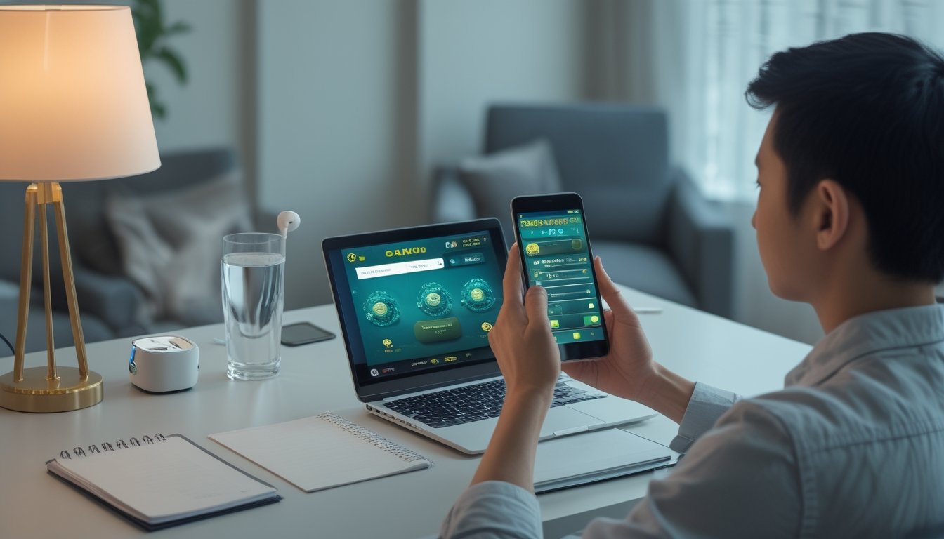 Seorang pemain dewasa menyiapkan ponsel Android dan perlengkapan pendukung di meja sebelum bermain.