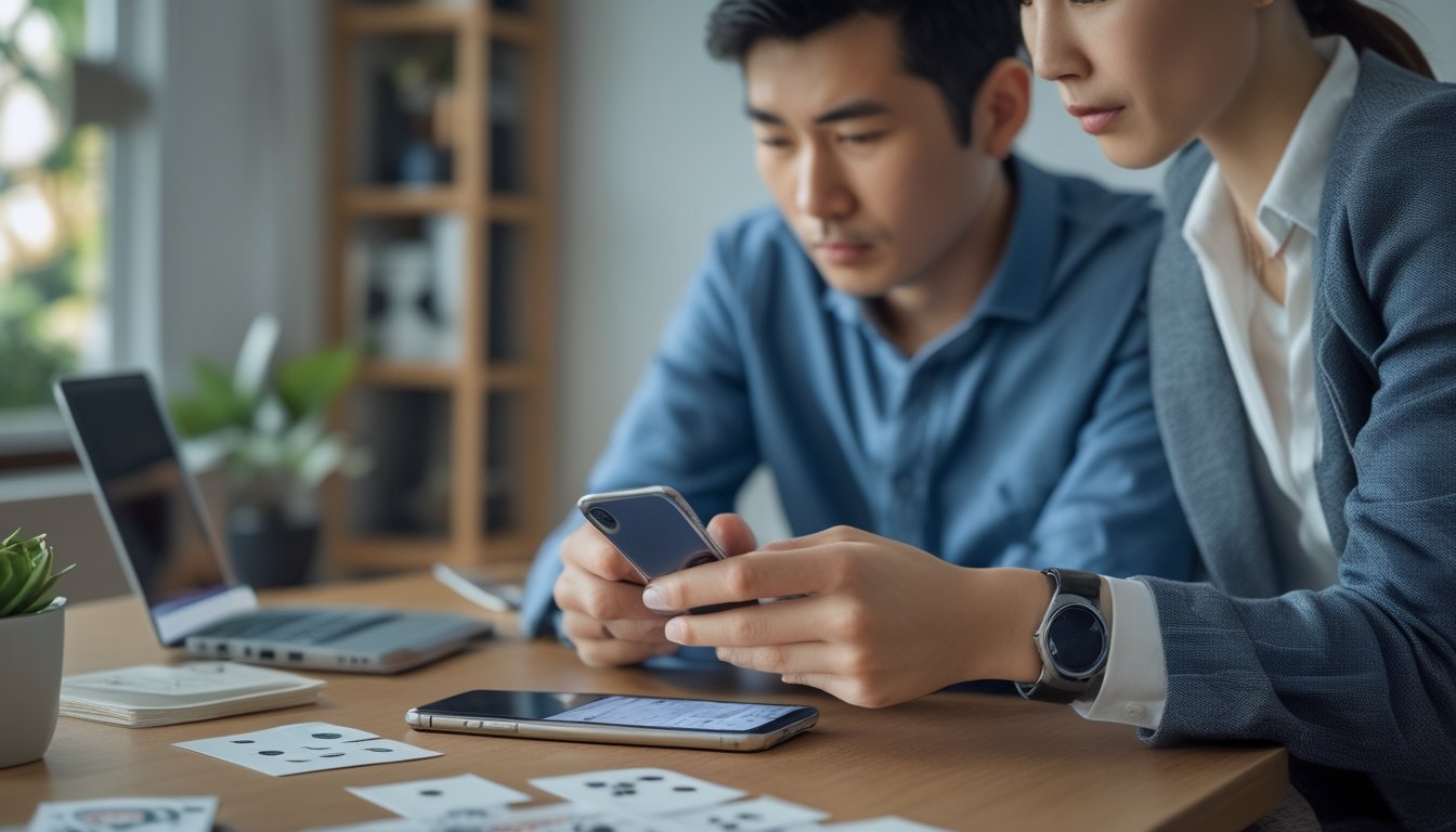 Seseorang berdiskusi dengan pendamping sambil membatasi akses judi melalui ponsel.