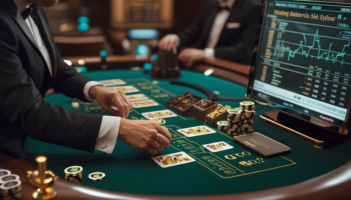 Dealer menata kartu Dragon dan Tiger, chip taruhan, serta tampilan analisis peluang di meja kasino.