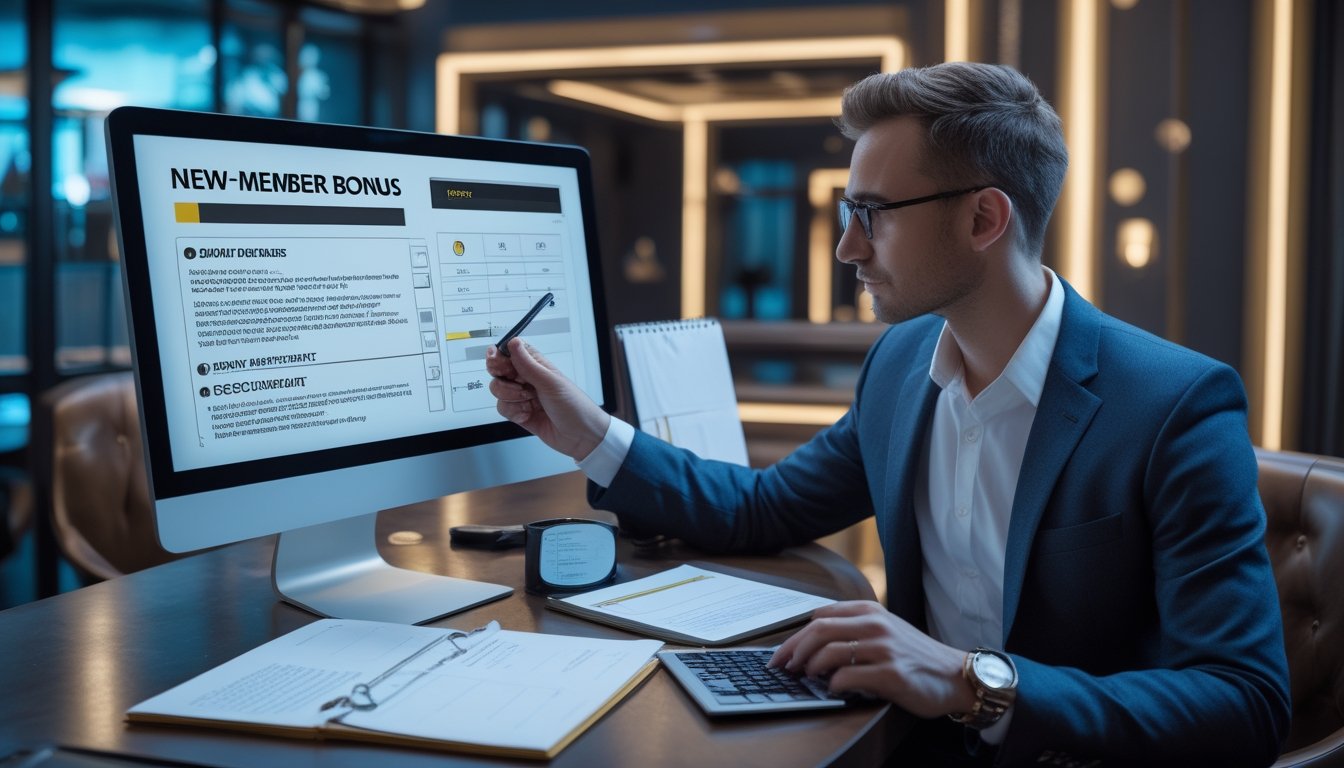 Seorang konsultan dewasa meninjau perbandingan bonus kasino live dengan laptop, kalkulator, dan daftar periksa di ruang permainan modern.
