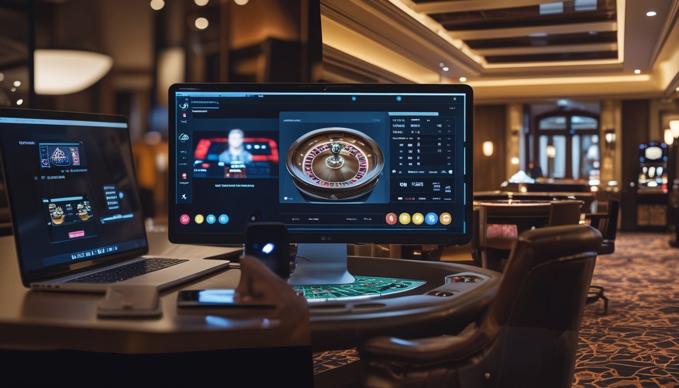 Perbandingan suasana kasino online melalui perangkat digital dan kasino darat dengan meja permainan fisik.