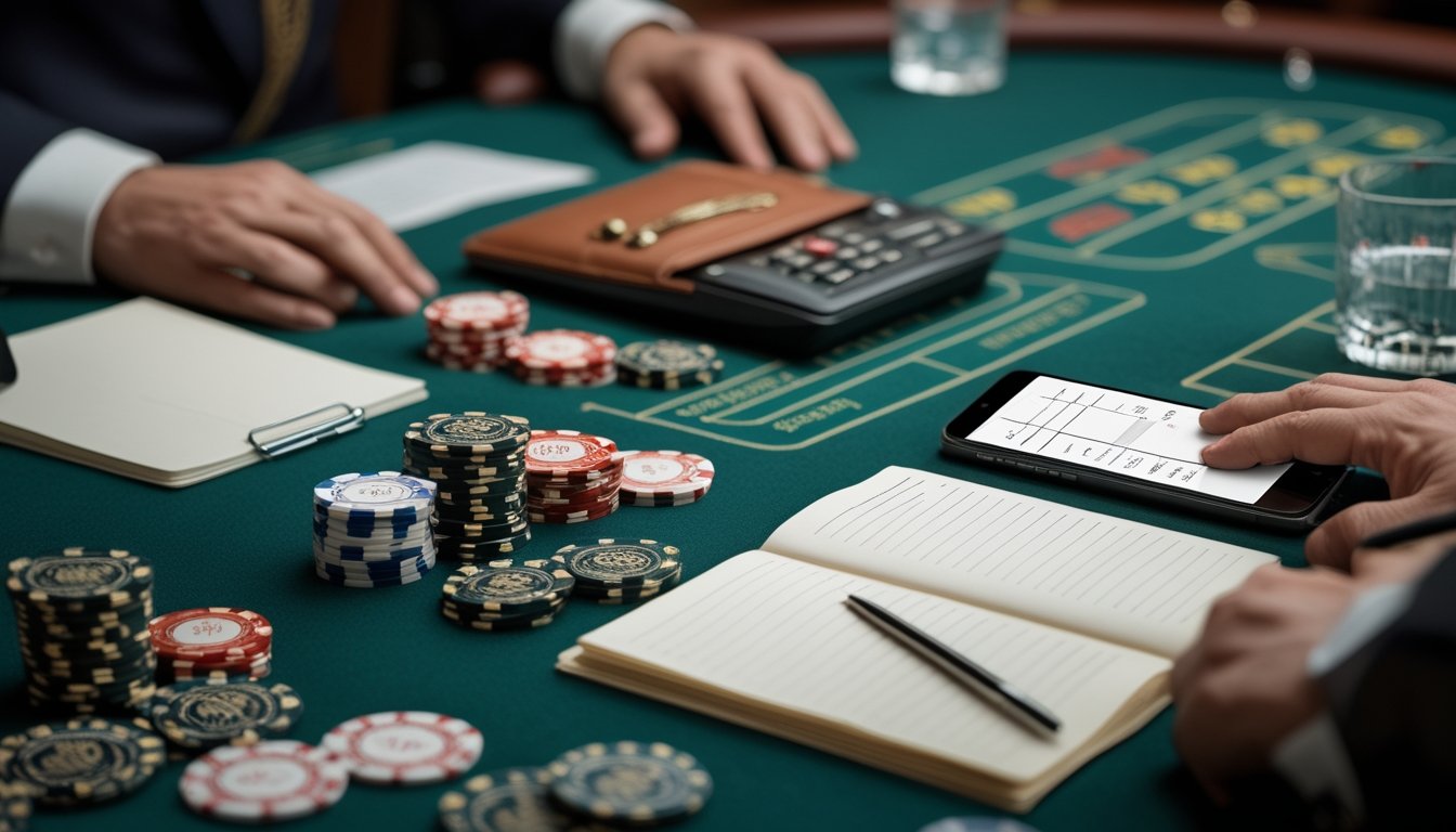 Meja kasino dengan chip taruhan yang tertata, komputer, buku catatan kosong, dan ponsel berisi grafik.
