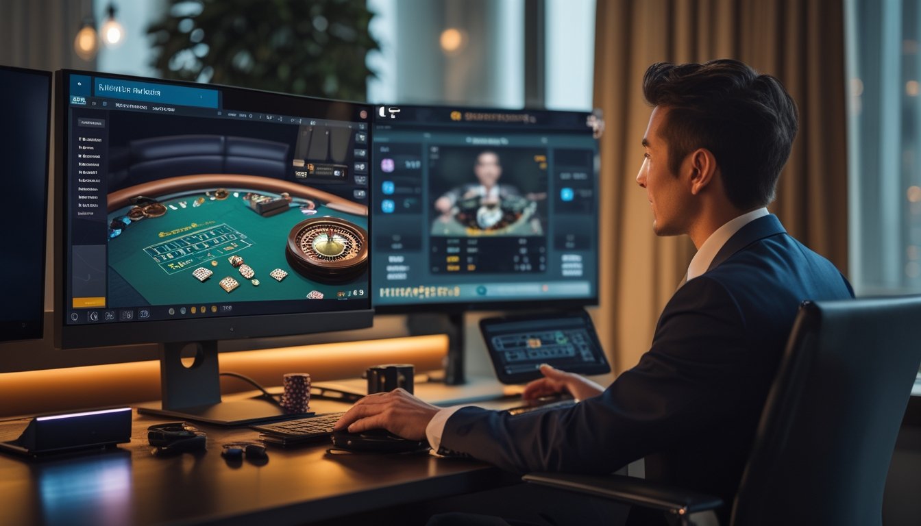 Seorang dewasa melihat permainan kasino langsung di monitor dengan roda roulette, kartu, dan keping permainan.