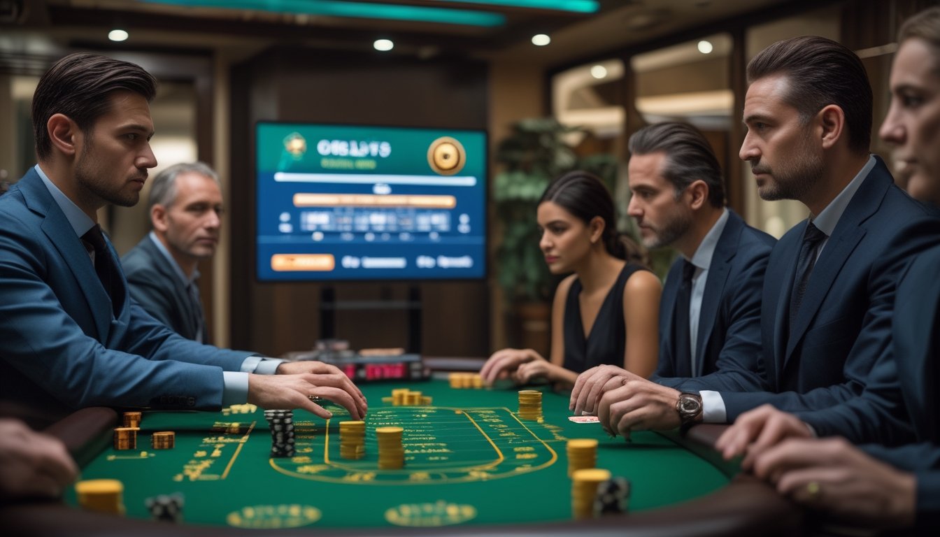 Dealer memandu permainan kasino langsung sementara pemain mengamati kartu, chip, dan roda roulette di ruang modern.