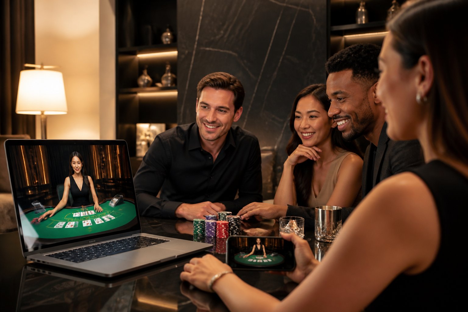 Dealer mengemudikan permainan baccarat di meja kasino, sementara beberapa pemain dewasa menyaksikannya melalui perangkat digital.