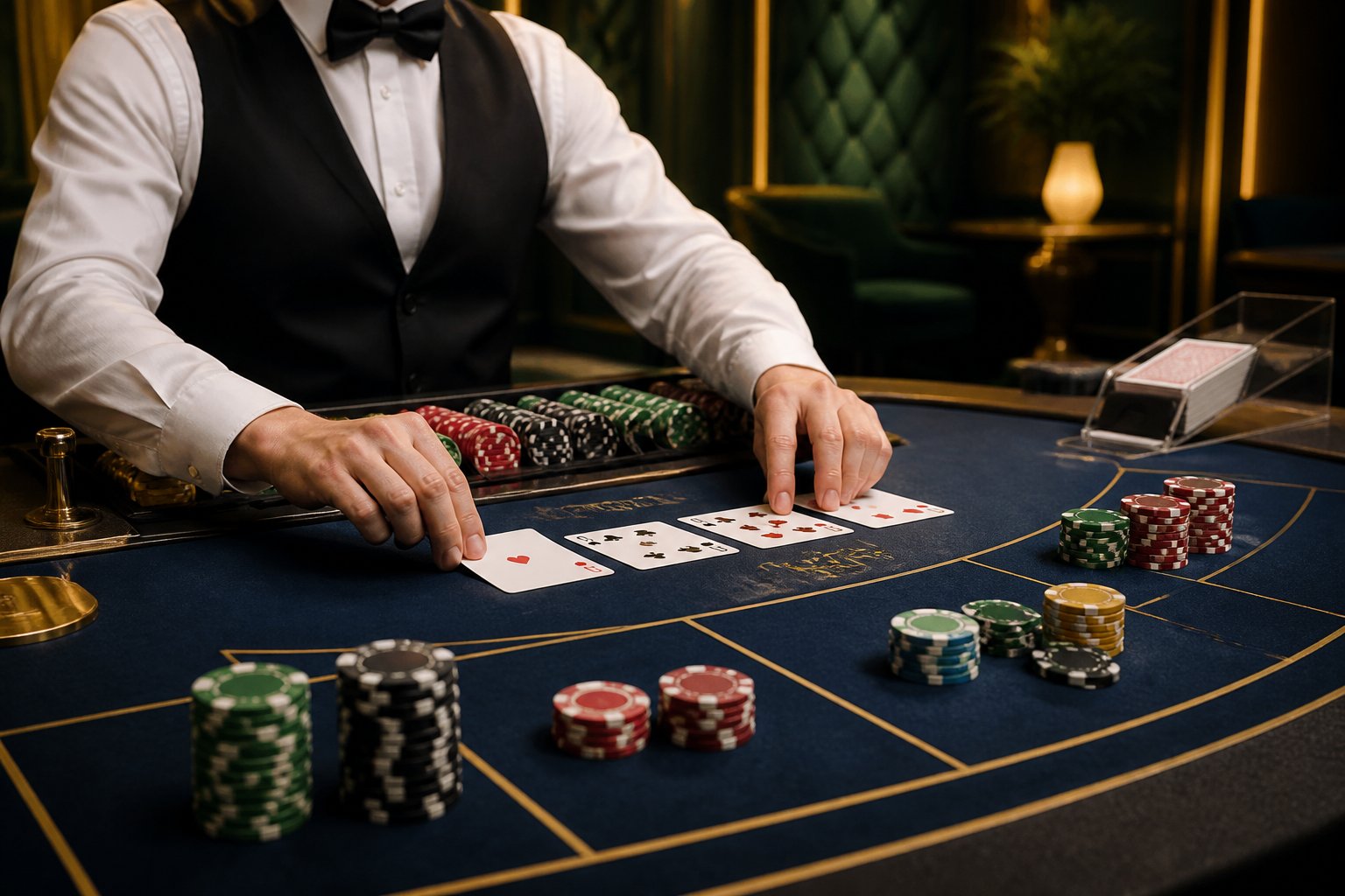 Dealer membagikan kartu di meja baccarat dengan susunan chip taruhan.
