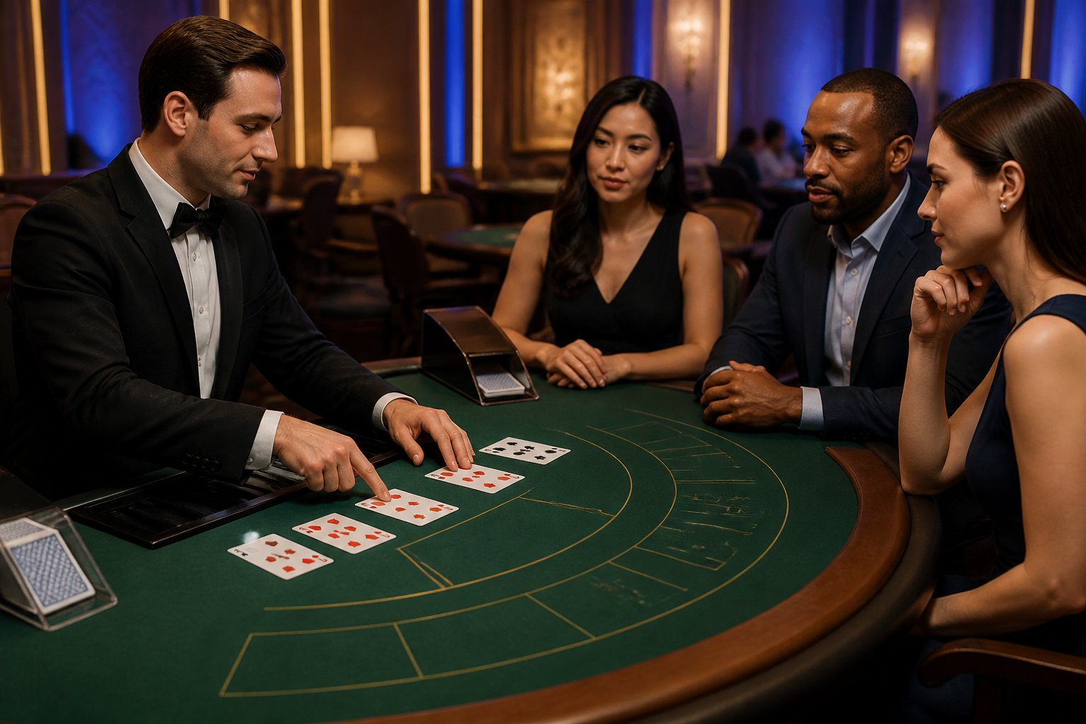 Dealer menjelaskan kartu dan area taruhan baccarat kepada beberapa pemain di meja kasino.