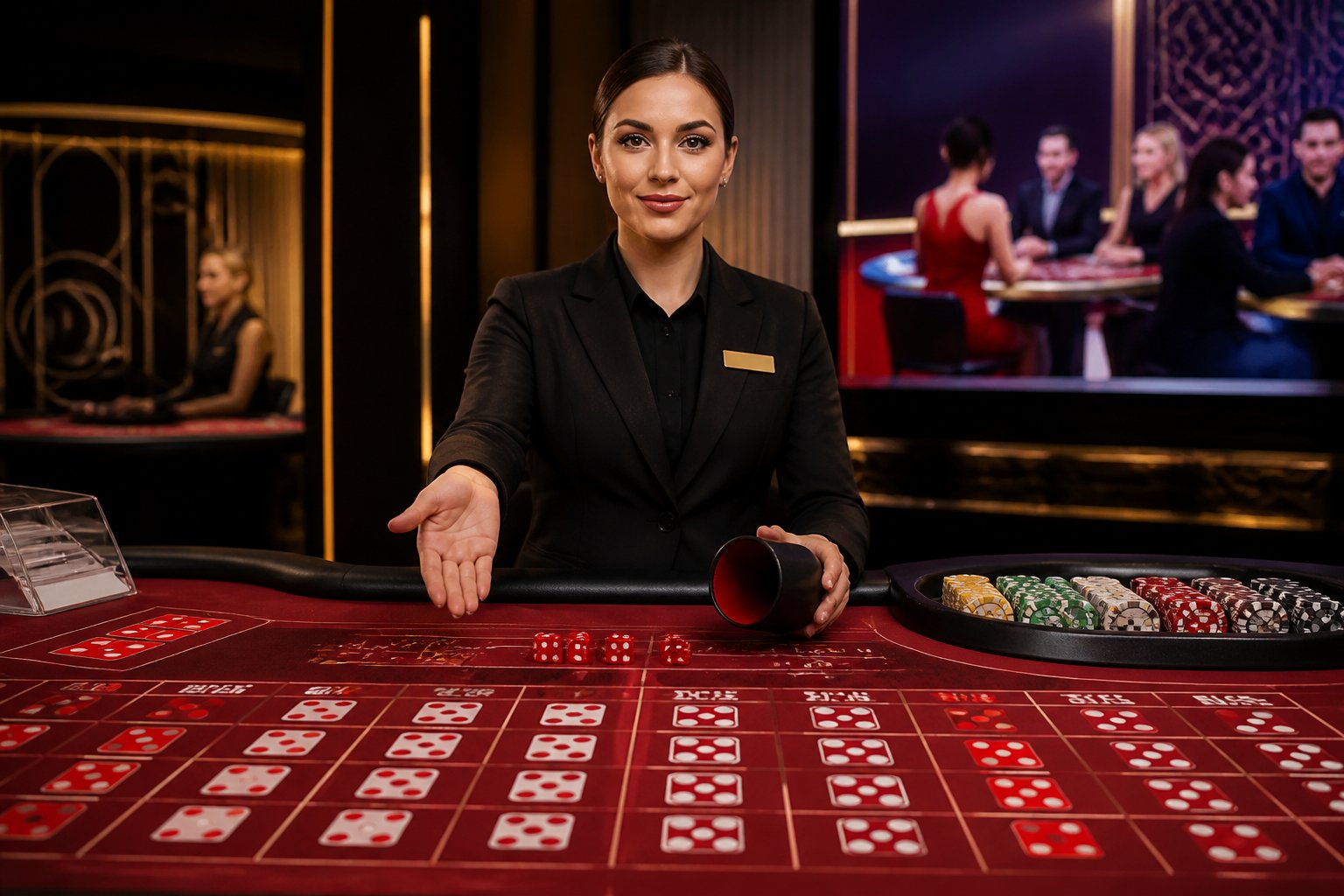 Dealer profesional menyajikan permainan Sic Bo di meja kasino dengan dadu dan keping taruhan.
