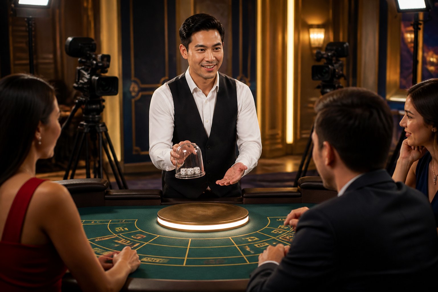 Dealer profesional menyajikan tiga dadu di meja Sic Bo dalam studio kasino live, dengan beberapa pemain dewasa menyaksikan permainan.